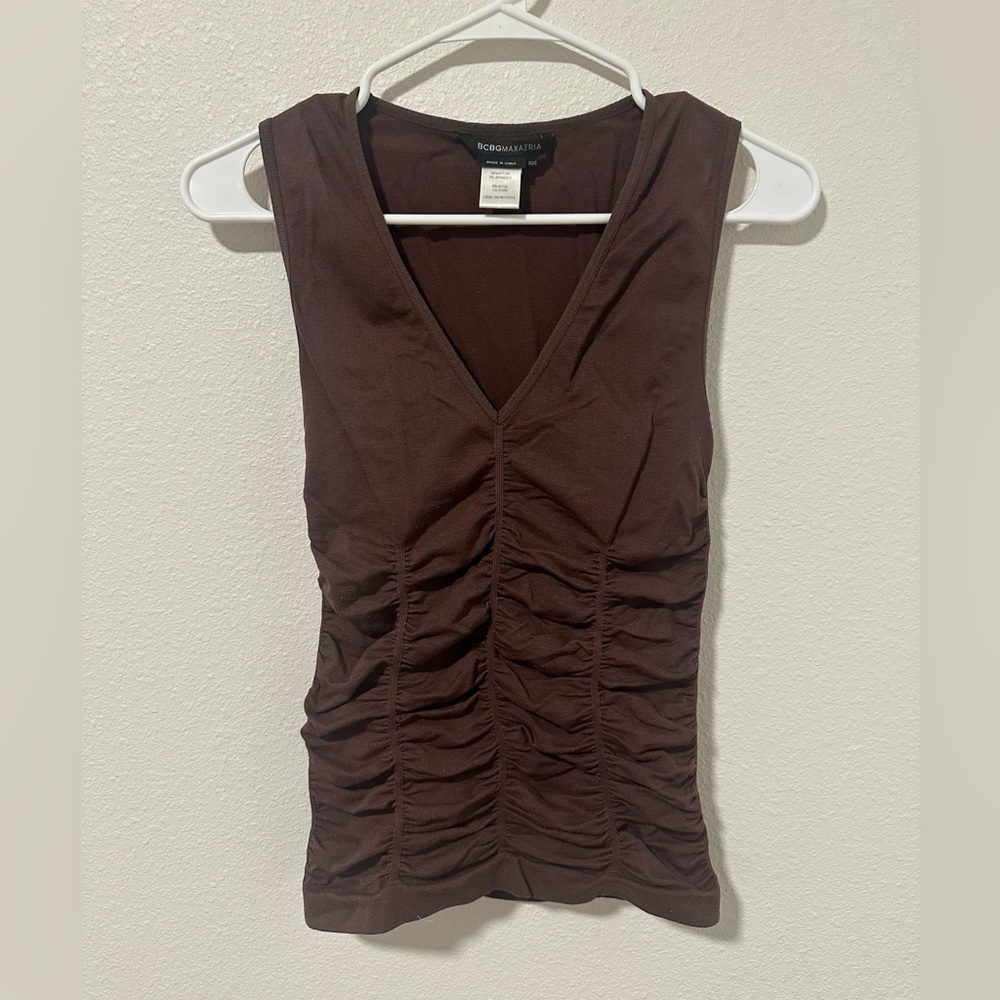 BCBGMaxAzria Y2K Brown Ruched V-Neck Stretchy Tank Top XS/S